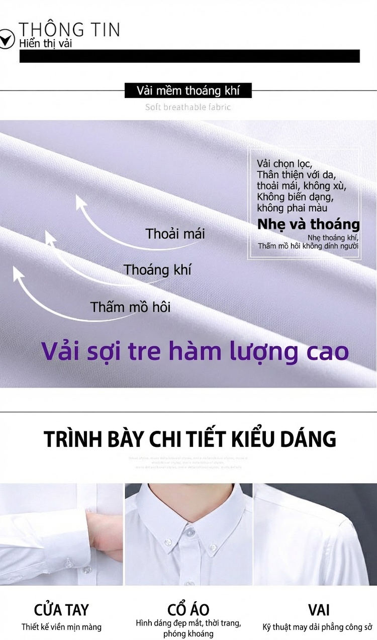 Áo Sơ Mi Dài Tay Nam Bamboo Fiber (Sợi Tre) Cao Cấp Chống Nhăn, Co Giãn Màu Trắng, Xanh Dương, Xanh Navy... chi tiết 3