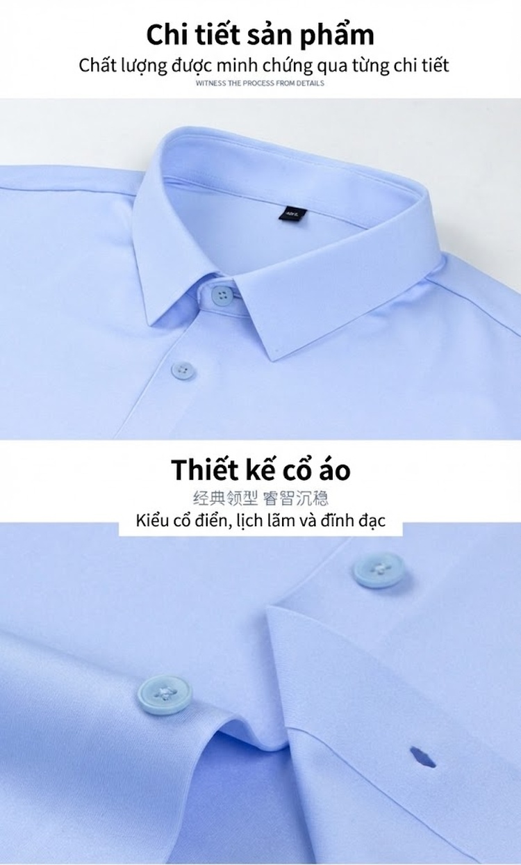 Áo Sơ Mi Dài Tay Nam Cao Cấp Co Giãn Không Nhăn Màu Xanh Nhạt, Tím, Xanh Dương, Xám chi tiết 7