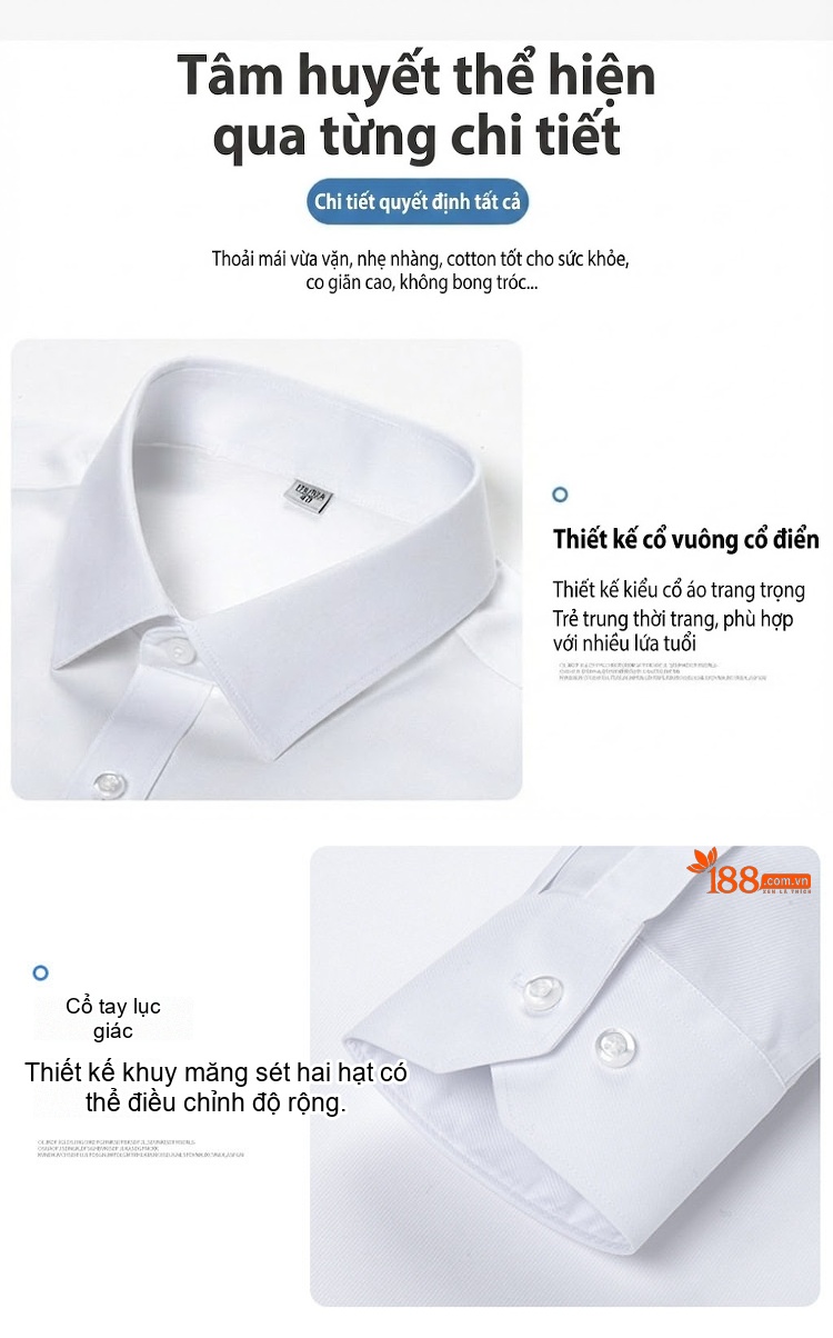 Áo Sơ Mi Dài Tay Nam Cotton Chống Nhăn Màu Trắng, Xanh Da Trời, Xanh Sọc... chi tiết 7