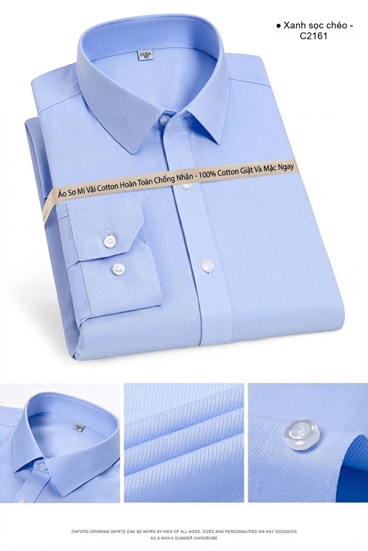 Áo Sơ Mi Dài Tay Nam Cotton Chống Nhăn Màu Trắng, Xanh Da Trời, Xanh Sọc... chi tiết 15