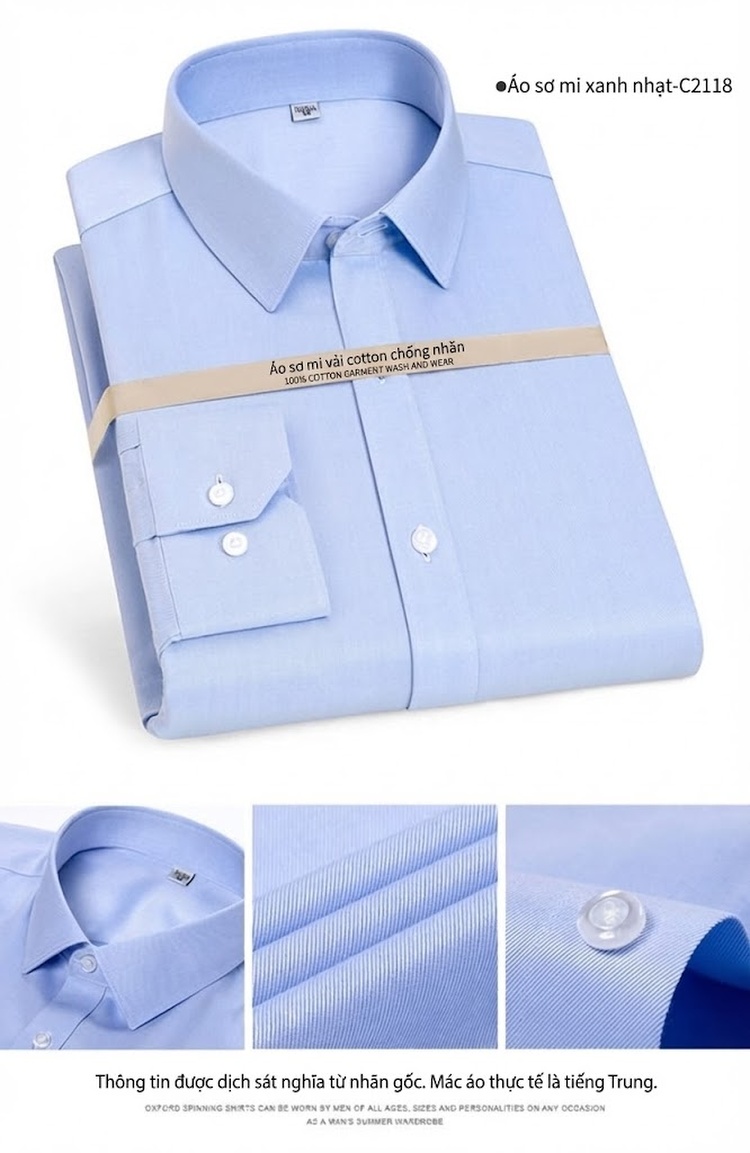 Áo Sơ Mi Dài Tay Nam Cotton Chống Nhăn Màu Trắng, Xanh Da Trời, Xanh Sọc... chi tiết 11