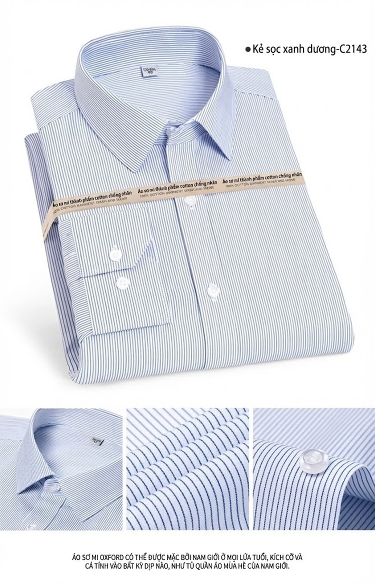 Áo Sơ Mi Dài Tay Nam Cotton Chống Nhăn Màu Trắng, Xanh Da Trời, Xanh Sọc... chi tiết 12