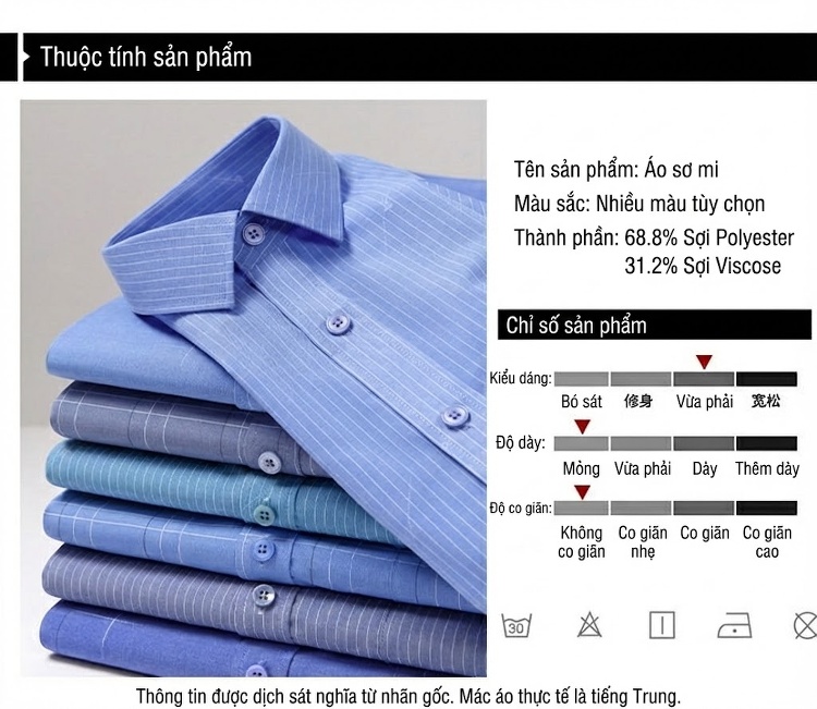 Áo Sơ Mi Dài Tay Nam Cotton Chống Nhăn Phong Cách Công Sở Màu Trắng Sọc, Xanh Da Trời, Tím Than chi tiết 5