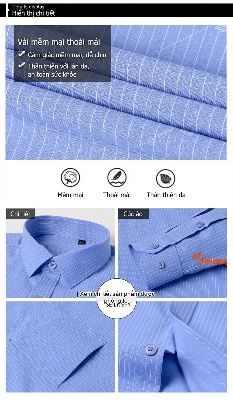 Áo Sơ Mi Dài Tay Nam Cotton Chống Nhăn Phong Cách Công Sở Màu Trắng Sọc, Xanh Da Trời, Tím Than chi tiết 4