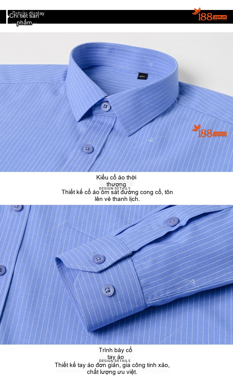 Áo Sơ Mi Dài Tay Nam Cotton Chống Nhăn Phong Cách Công Sở Màu Trắng Sọc, Xanh Da Trời, Tím Than chi tiết 6