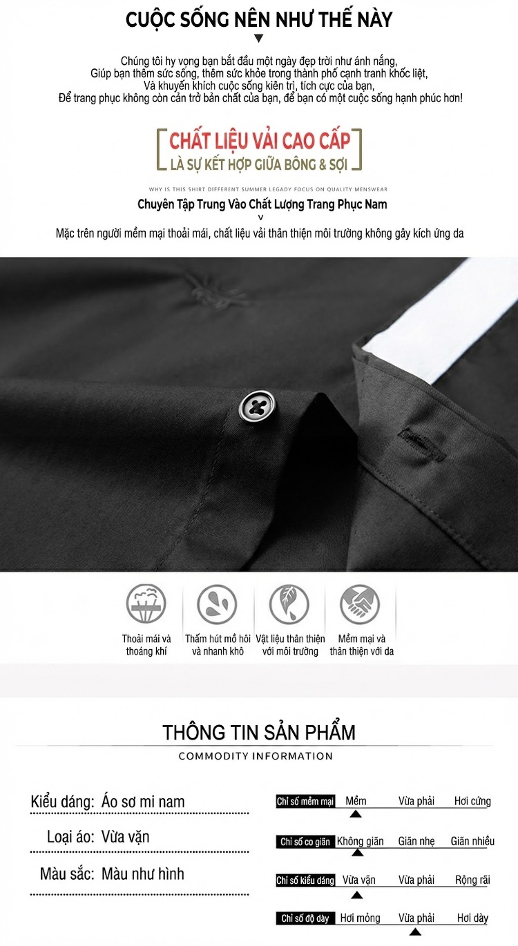 Áo Sơ Mi Dài Tay Nam Cotton Dáng Ôm Miễn Bàn Màu Đen, Trắng chi tiết 4