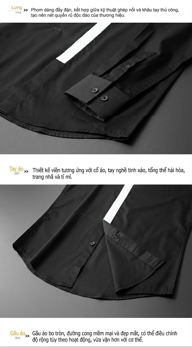 Áo Sơ Mi Dài Tay Nam Cotton Dáng Ôm Miễn Bàn Màu Đen, Trắng chi tiết 10