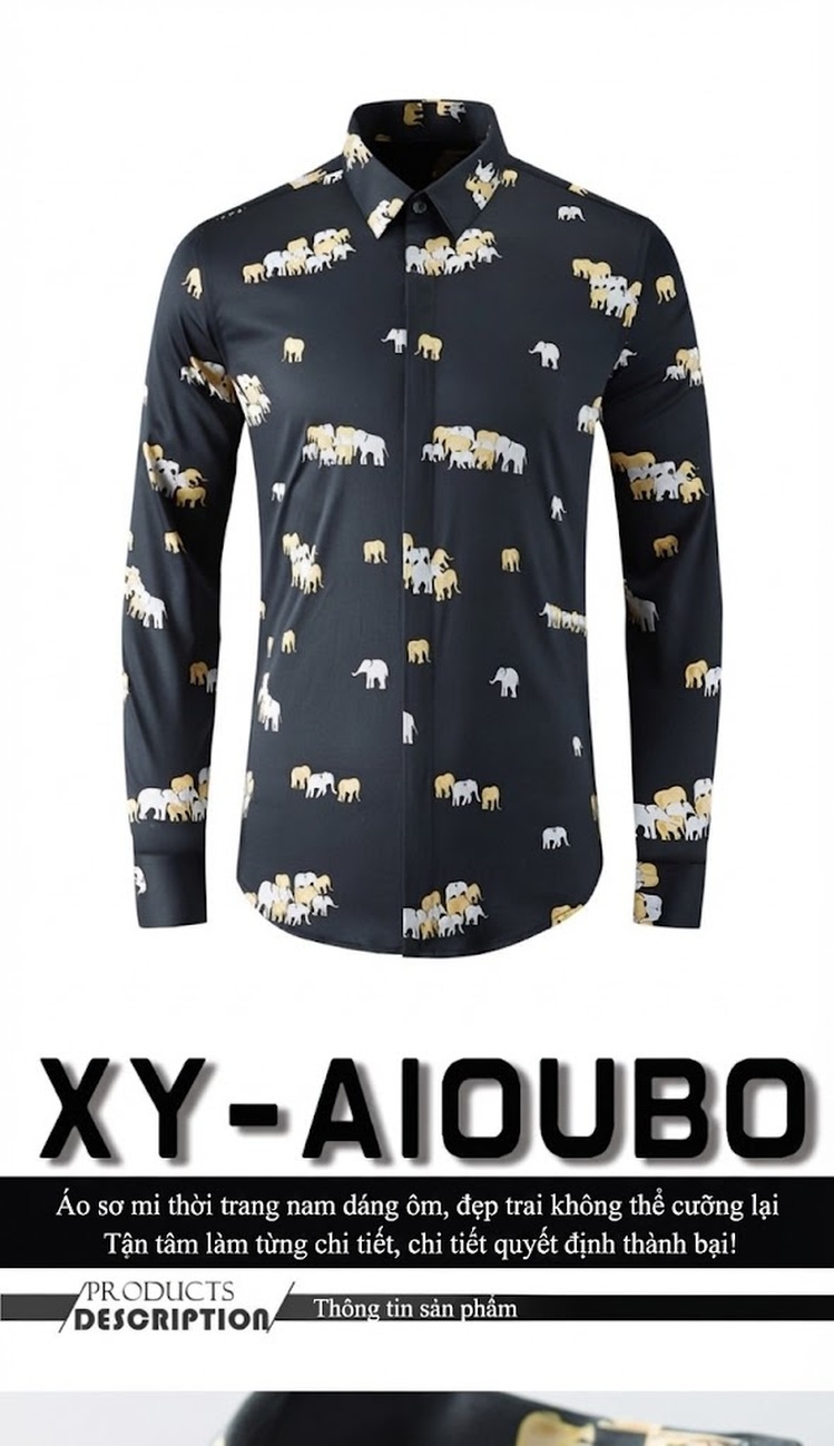 Áo Sơ Mi Dài Tay Nam Cotton In Hình Voi Slimfit Màu Trắng, Đen chi tiết 1