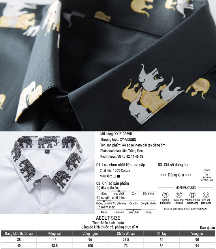 Áo Sơ Mi Dài Tay Nam Cotton In Hình Voi Slimfit Màu Trắng, Đen chi tiết 2