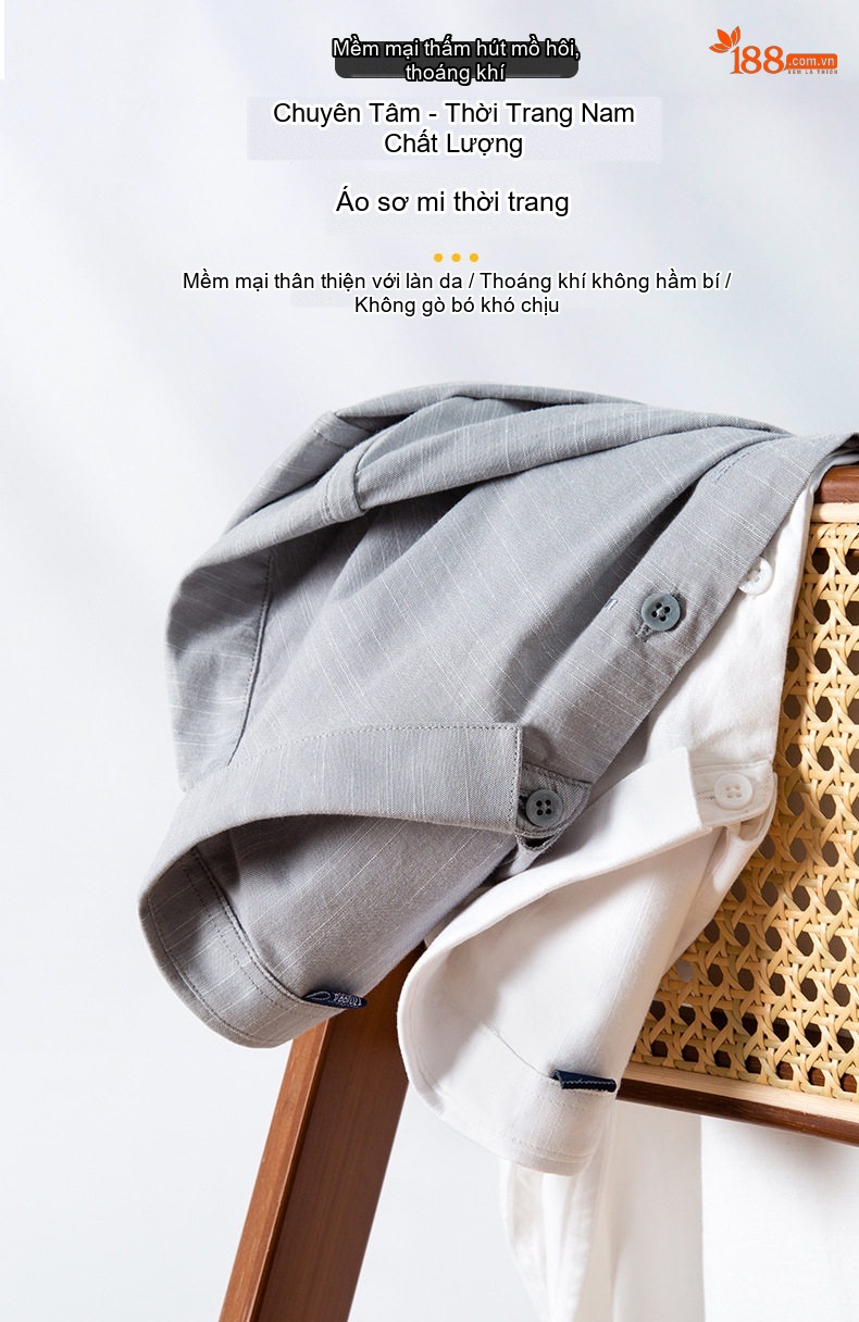 Áo Sơ Mi Dài Tay Nam Cotton Oxford Gân Tre Màu Trắng, Xám, Phong Cách Công Sở chi tiết 2