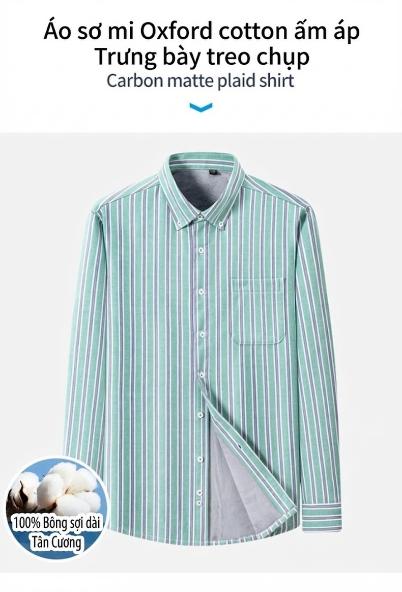 Áo Sơ Mi Dài Tay Nam Cotton Oxford Kẻ Sọc Lót Lông Dày Dặn Màu Xanh, Xám, Trắng, Nâu... chi tiết 24