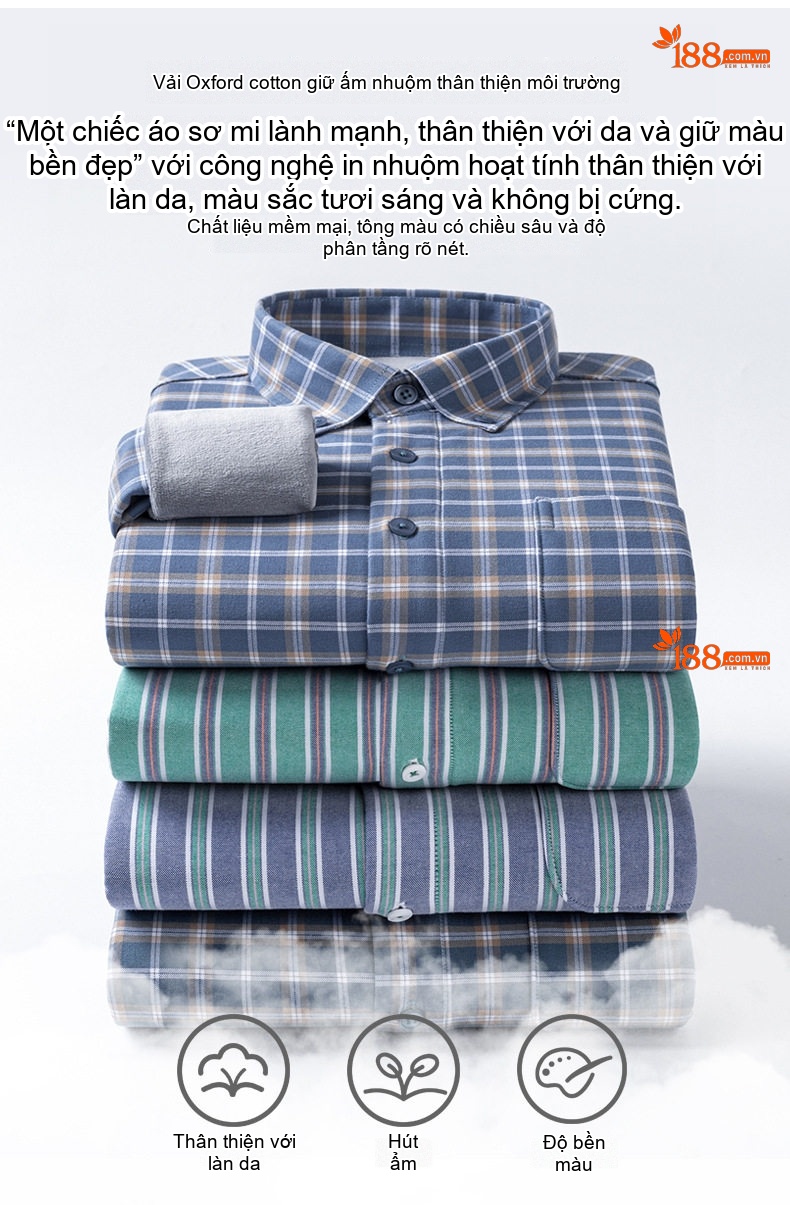 Áo Sơ Mi Dài Tay Nam Cotton Oxford Kẻ Sọc Lót Lông Dày Dặn Màu Xanh, Xám, Trắng, Nâu... chi tiết 5