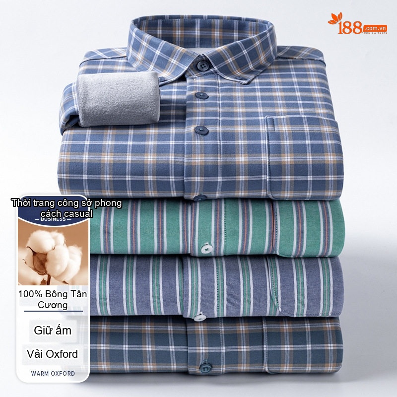 Áo Sơ Mi Dài Tay Nam Cotton Oxford Kẻ Sọc Lót Lông Dày Dặn Màu Xanh, Xám, Trắng, Nâu...