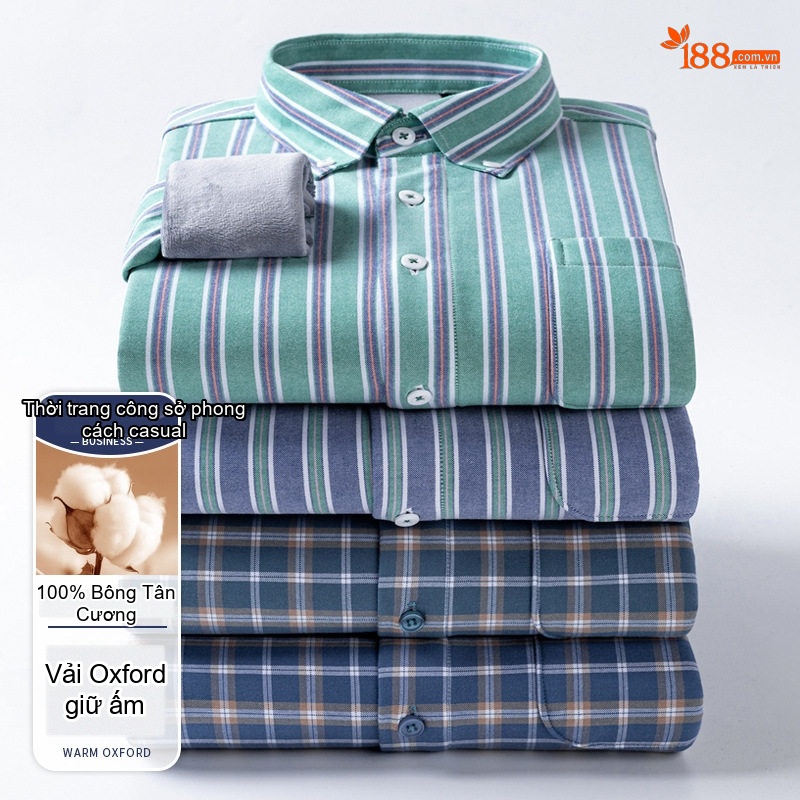 Áo Sơ Mi Dài Tay Nam Cotton Oxford Kẻ Sọc Lót Lông Dày Dặn Màu Xanh, Xám, Trắng, Nâu...