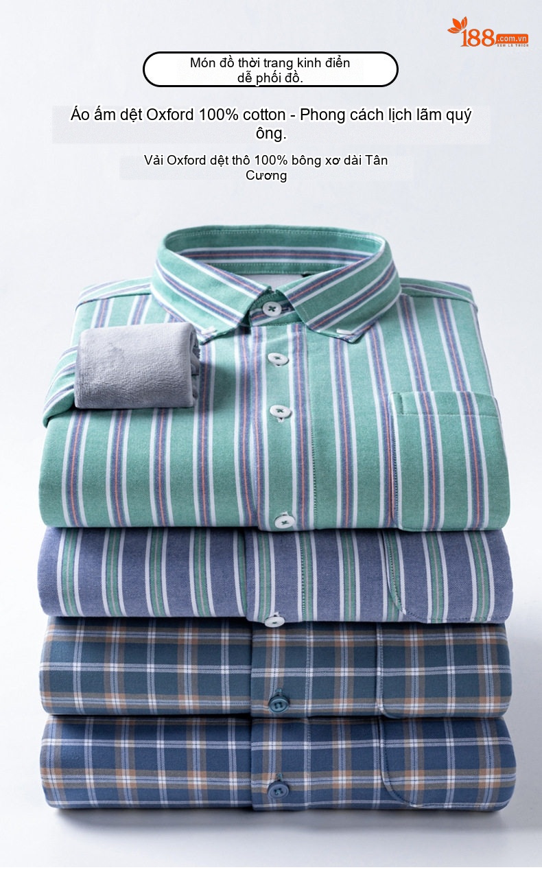 Áo Sơ Mi Dài Tay Nam Cotton Oxford Kẻ Sọc Lót Lông Dày Dặn Màu Xanh, Xám, Trắng, Nâu... chi tiết 1