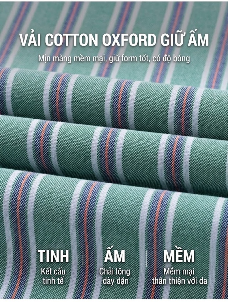 Áo Sơ Mi Dài Tay Nam Cotton Oxford Kẻ Sọc Lót Lông Dày Dặn Màu Xanh, Xám, Trắng, Nâu... chi tiết 3