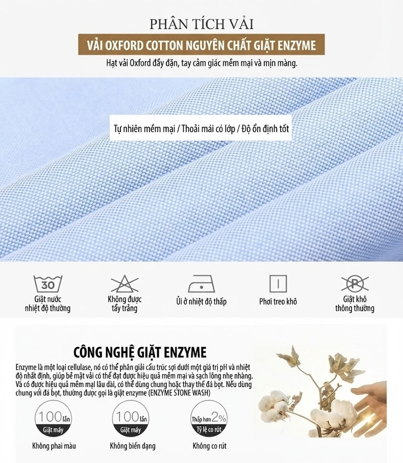 Áo Sơ Mi Dài Tay Nam Cotton Oxford Thường Ngày Màu Trắng, Xanh Dương, Hồng, Tím... chi tiết 2