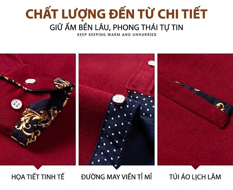 Áo Sơ Mi Dài Tay Nam Dáng Ôm Giữ Ấm Lót Lông Dày Dặn Màu Vàng, Đỏ, Đen, Xanh... chi tiết 5