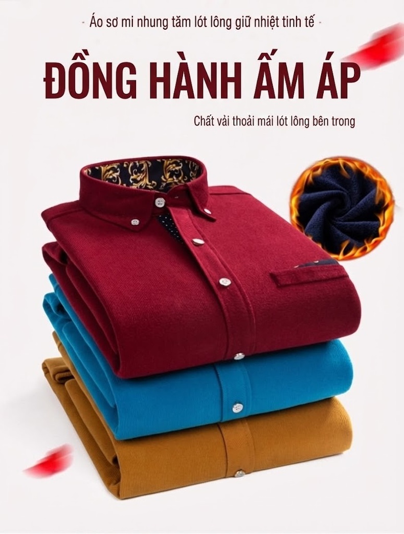 Áo Sơ Mi Dài Tay Nam Dáng Ôm Giữ Ấm Lót Lông Dày Dặn Màu Vàng, Đỏ, Đen, Xanh... chi tiết 1