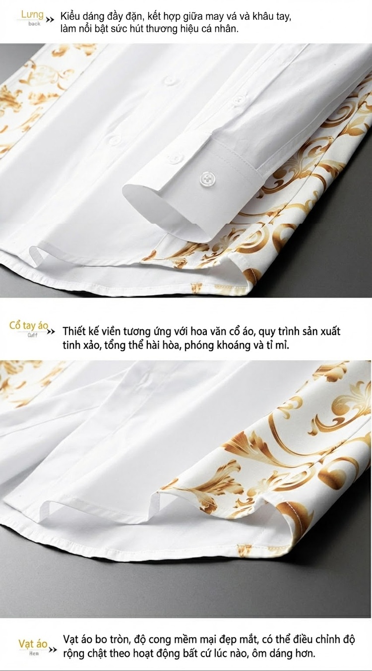 Áo Sơ Mi Dài Tay Nam Họa Tiết Cung Đình Phong Cách Châu Âu Thanh Lịch Màu Trắng, Đen chi tiết 10