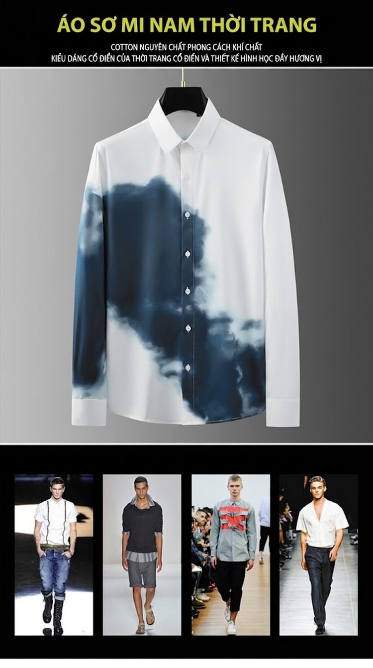 Áo Sơ Mi Dài Tay Nam In Họa Tiết Mây Trời Ôm Dáng Không Nhăn Màu Trắng, Xanh chi tiết 1
