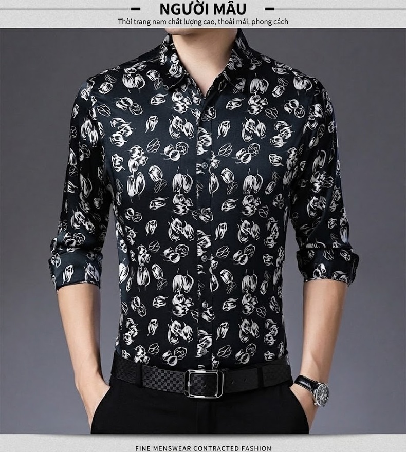 Áo Sơ Mi Dài Tay Nam Lụa Tơ Tằm Họa Tiết Hoa Lá Phong Cách Thời Trang chi tiết 9