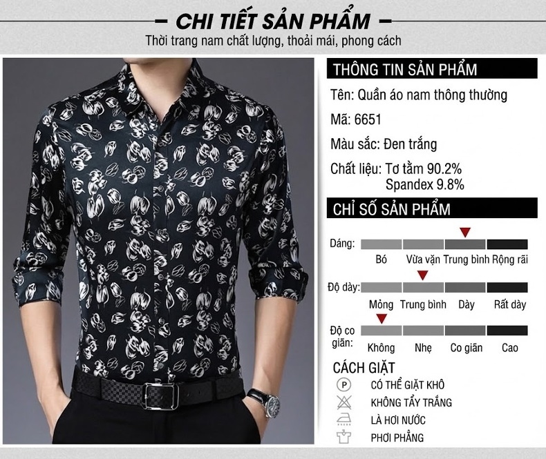 Áo Sơ Mi Dài Tay Nam Lụa Tơ Tằm Họa Tiết Hoa Lá Phong Cách Thời Trang chi tiết 1