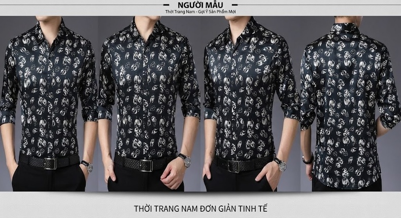 Áo Sơ Mi Dài Tay Nam Lụa Tơ Tằm Họa Tiết Hoa Lá Phong Cách Thời Trang chi tiết 4