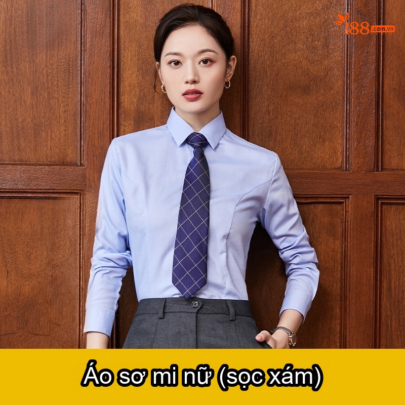 Áo Sơ Mi Dài Tay Nam Nữ Cotton Chống Nhăn Thêu Logo Màu Xanh Lam