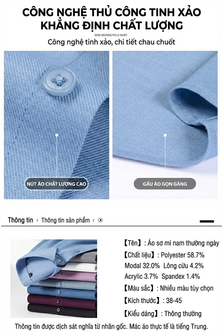 Áo Sơ Mi Dài Tay Nam Thu Đông Chất Liệu Modal Pha Len Màu Đen, Xanh Dương, Trắng, Tím... chi tiết 7