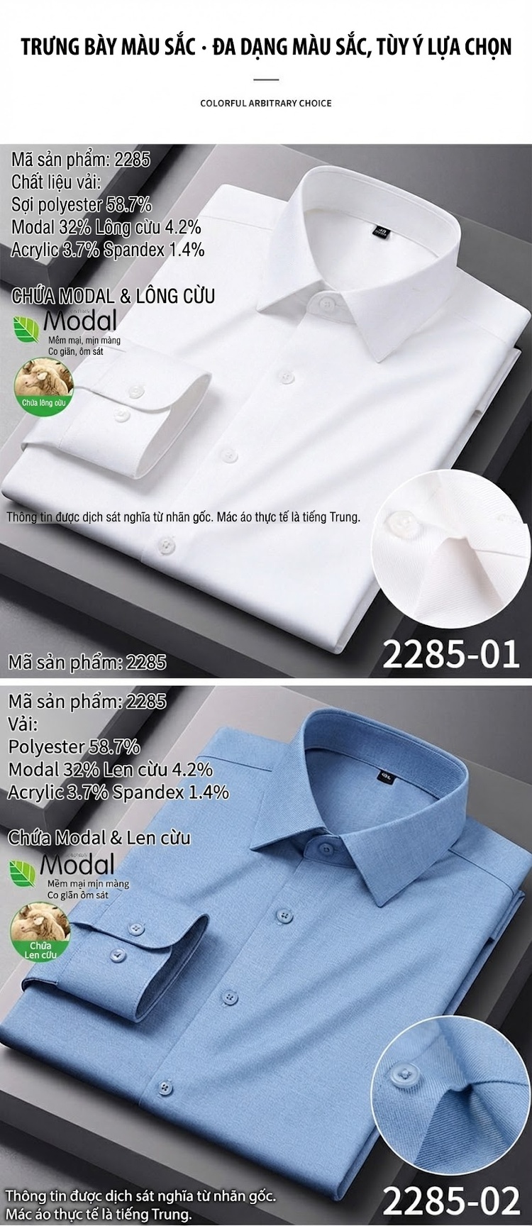 Áo Sơ Mi Dài Tay Nam Thu Đông Chất Liệu Modal Pha Len Màu Đen, Xanh Dương, Trắng, Tím... chi tiết 11