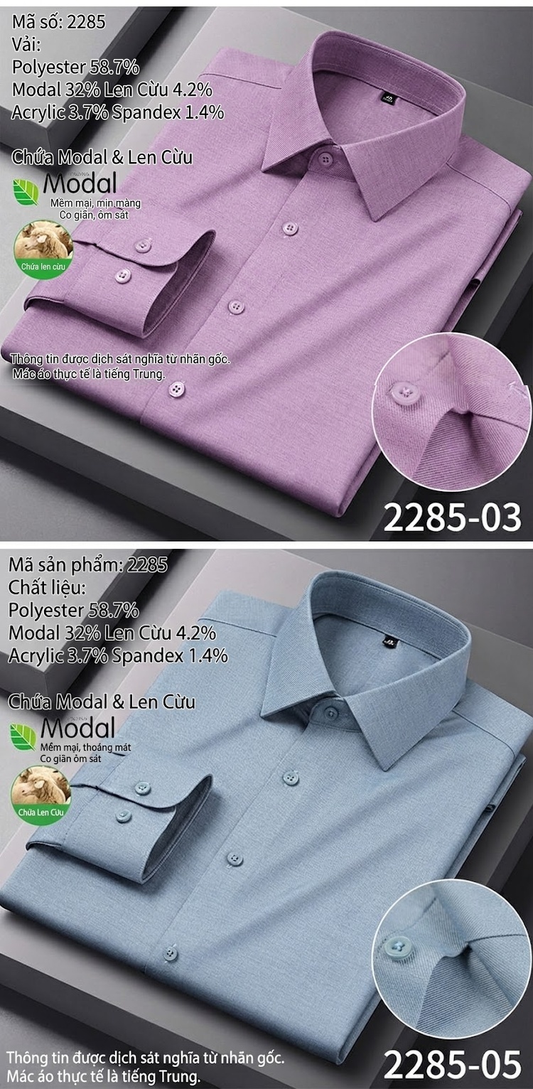 Áo Sơ Mi Dài Tay Nam Thu Đông Chất Liệu Modal Pha Len Màu Đen, Xanh Dương, Trắng, Tím... chi tiết 12