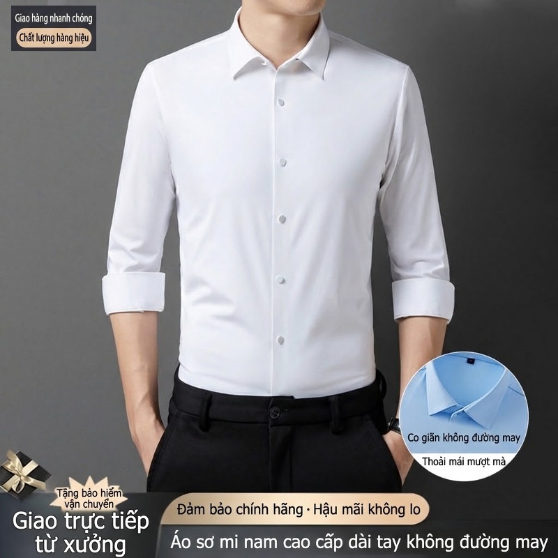 Áo Sơ Mi Nam Cao Cấp Co Giãn Thoải Mái Không Nhăn Không Đường May Màu Xanh Lam