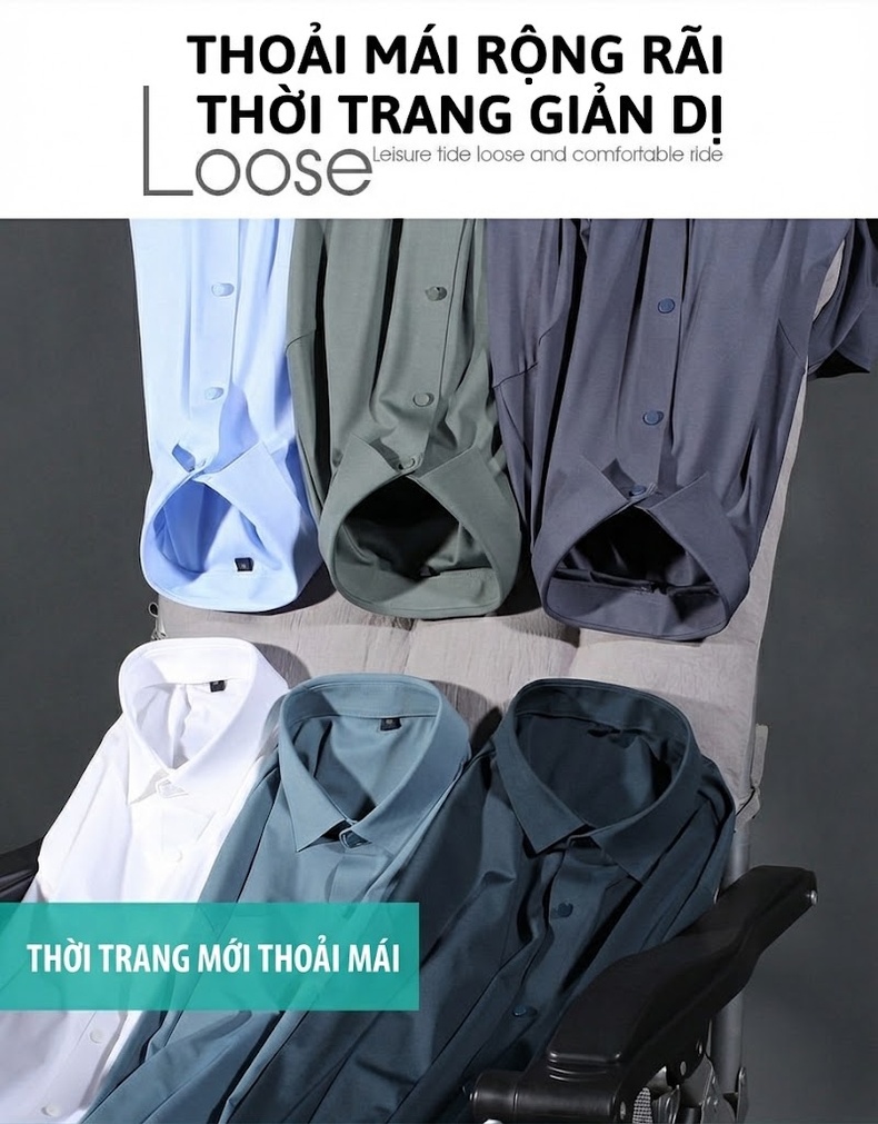 Áo Sơ Mi Nam Cao Cấp Co Giãn Thoải Mái Không Nhăn Không Đường May Màu Xanh Lam chi tiết 4