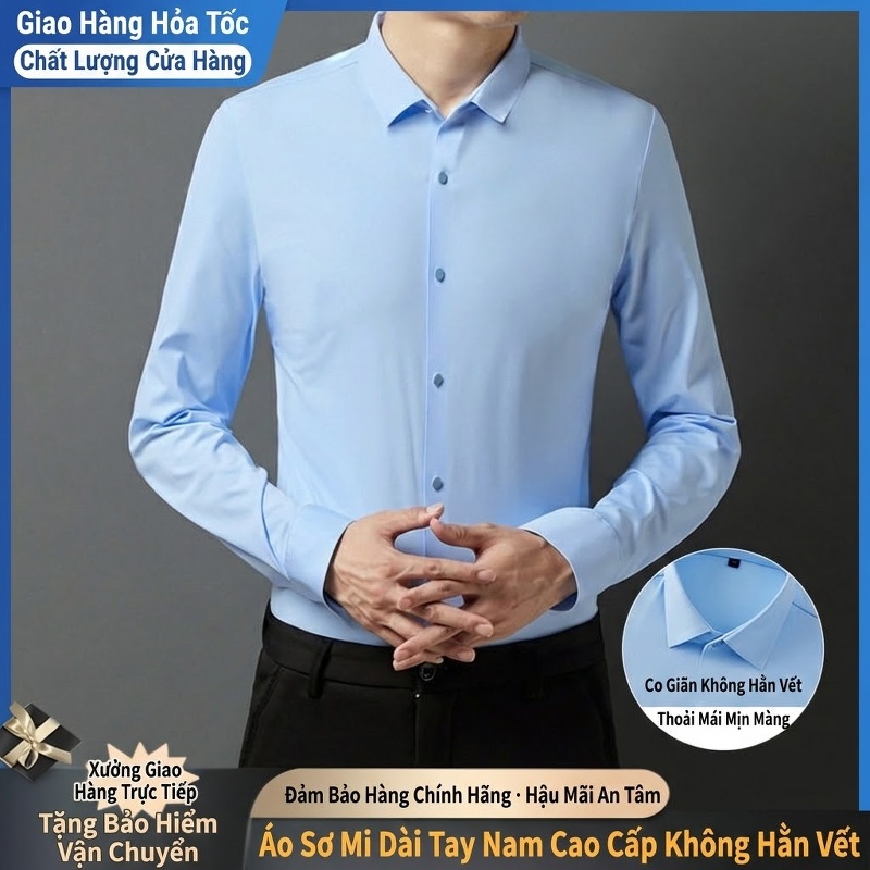 Áo Sơ Mi Nam Cao Cấp Co Giãn Thoải Mái Không Nhăn Không Đường May Màu Xanh Lam