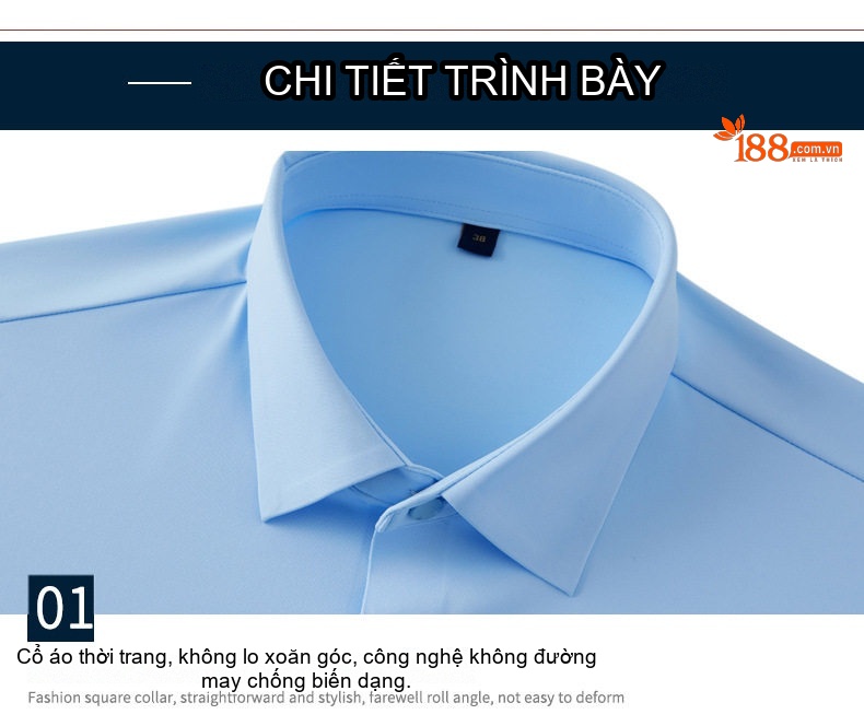 Áo Sơ Mi Nam Cao Cấp Co Giãn Thoải Mái Không Nhăn Không Đường May Màu Xanh Lam chi tiết 36