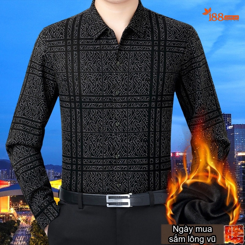 Áo Sơ Mi Nam Cashmere Dài Tay Lót Lông Giữ Nhiệt Phong Cách Trung Niên Màu Xanh Đen