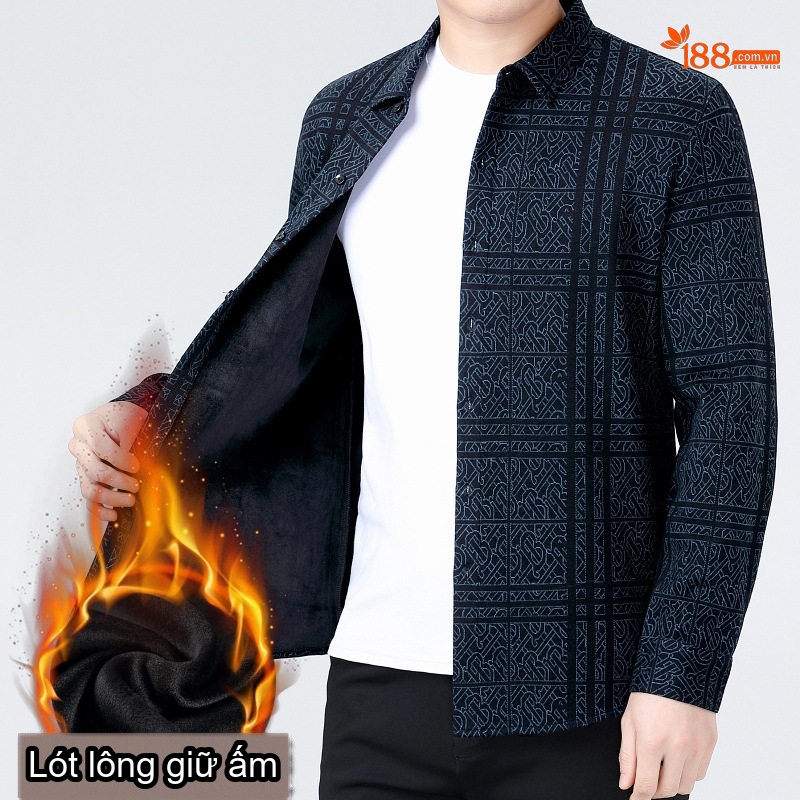 Áo Sơ Mi Nam Cashmere Dài Tay Lót Lông Giữ Nhiệt Phong Cách Trung Niên Màu Xanh Đen