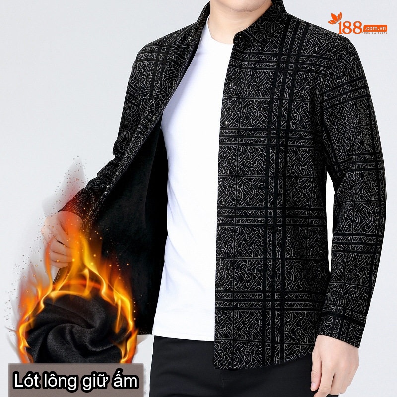 Áo Sơ Mi Nam Cashmere Dài Tay Lót Lông Giữ Nhiệt Phong Cách Trung Niên Màu Xanh Đen