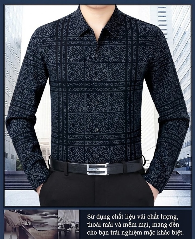Áo Sơ Mi Nam Cashmere Dài Tay Lót Lông Giữ Nhiệt Phong Cách Trung Niên Màu Xanh Đen chi tiết 1