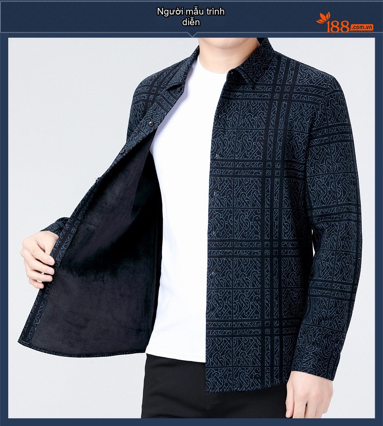 Áo Sơ Mi Nam Cashmere Dài Tay Lót Lông Giữ Nhiệt Phong Cách Trung Niên Màu Xanh Đen chi tiết 5