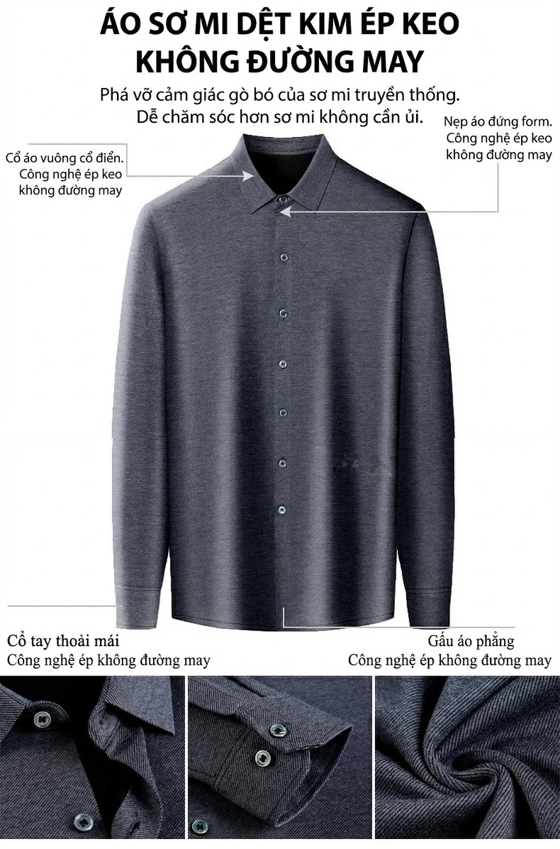 Áo Sơ Mi Nam Cashmere Lông Cừu Dài Tay Màu Đen, Xám, Tím, Xanh Navy... chi tiết 3