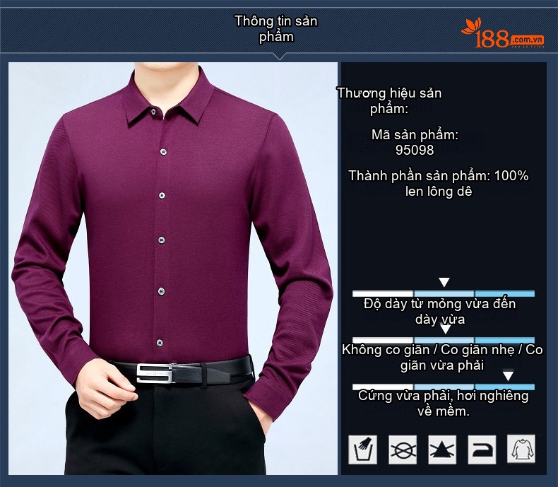 Áo Sơ Mi Nam Cashmere Lông Cừu Dài Tay Màu Đen, Xám, Tím, Xanh Navy... chi tiết 6