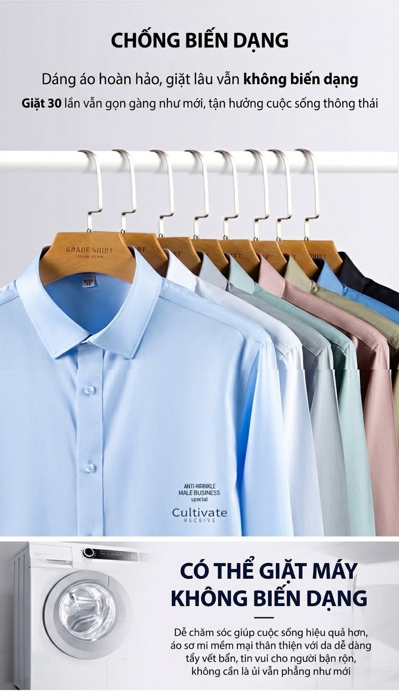 Áo Sơ Mi Nam Cotton Dài Tay Chống Nhăn Màu Trắng, Xanh chi tiết 4