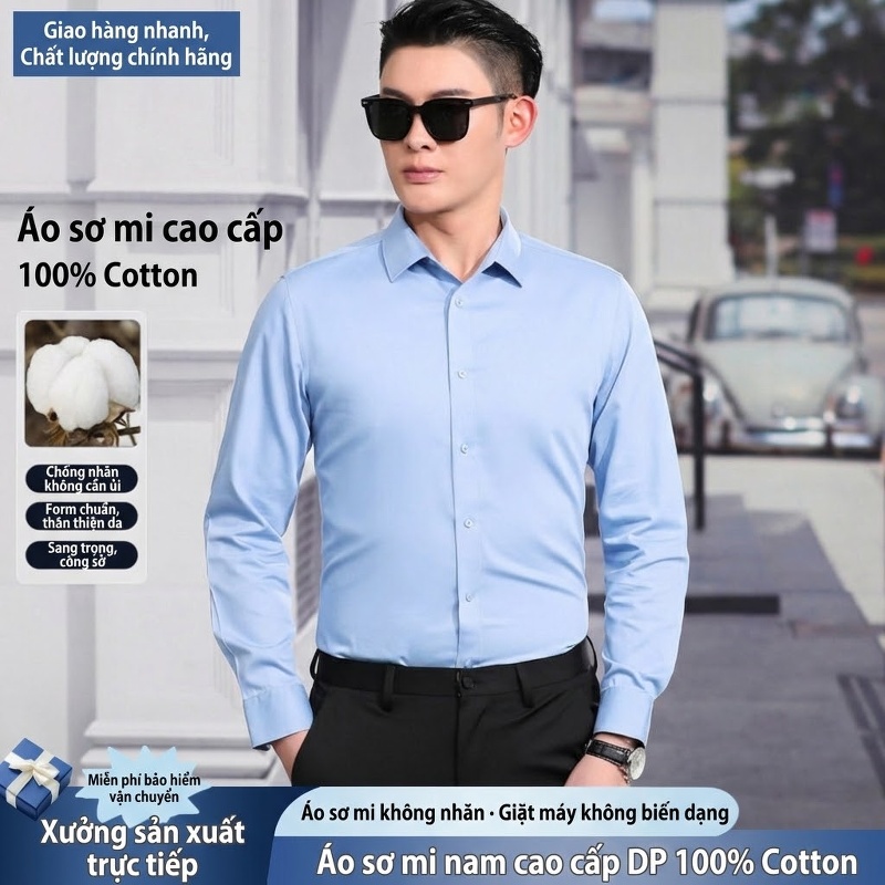 Áo Sơ Mi Nam Cotton Dài Tay Chống Nhăn Màu Trắng, Xanh