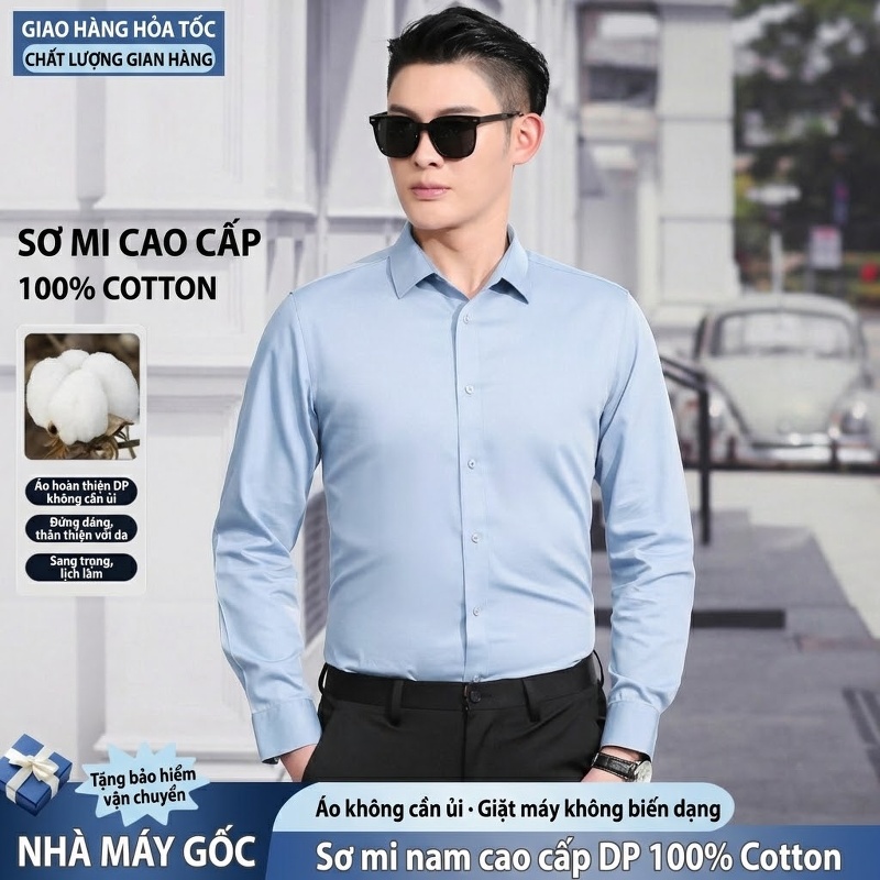Áo Sơ Mi Nam Cotton Dài Tay Chống Nhăn Màu Trắng, Xanh