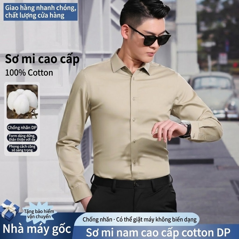 Áo Sơ Mi Nam Cotton Dài Tay Chống Nhăn Màu Trắng, Xanh