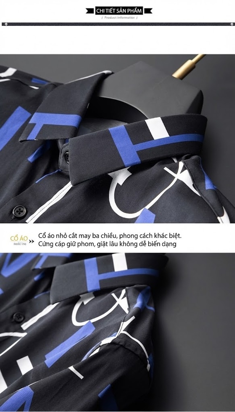 Áo Sơ Mi Nam Cotton Dài Tay In Chữ Thân Áo Form Ôm Màu Đen, Trắng, Xanh chi tiết 8