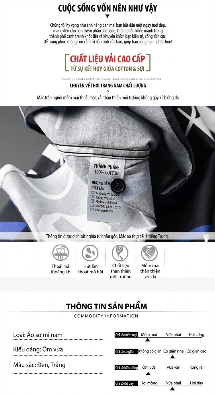Áo Sơ Mi Nam Cotton Dài Tay In Chữ Thân Áo Form Ôm Màu Đen, Trắng, Xanh chi tiết 4