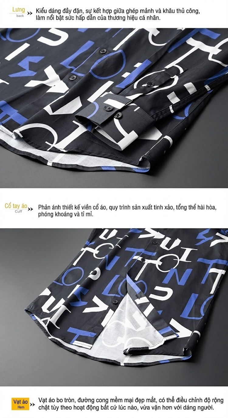 Áo Sơ Mi Nam Cotton Dài Tay In Chữ Thân Áo Form Ôm Màu Đen, Trắng, Xanh chi tiết 9